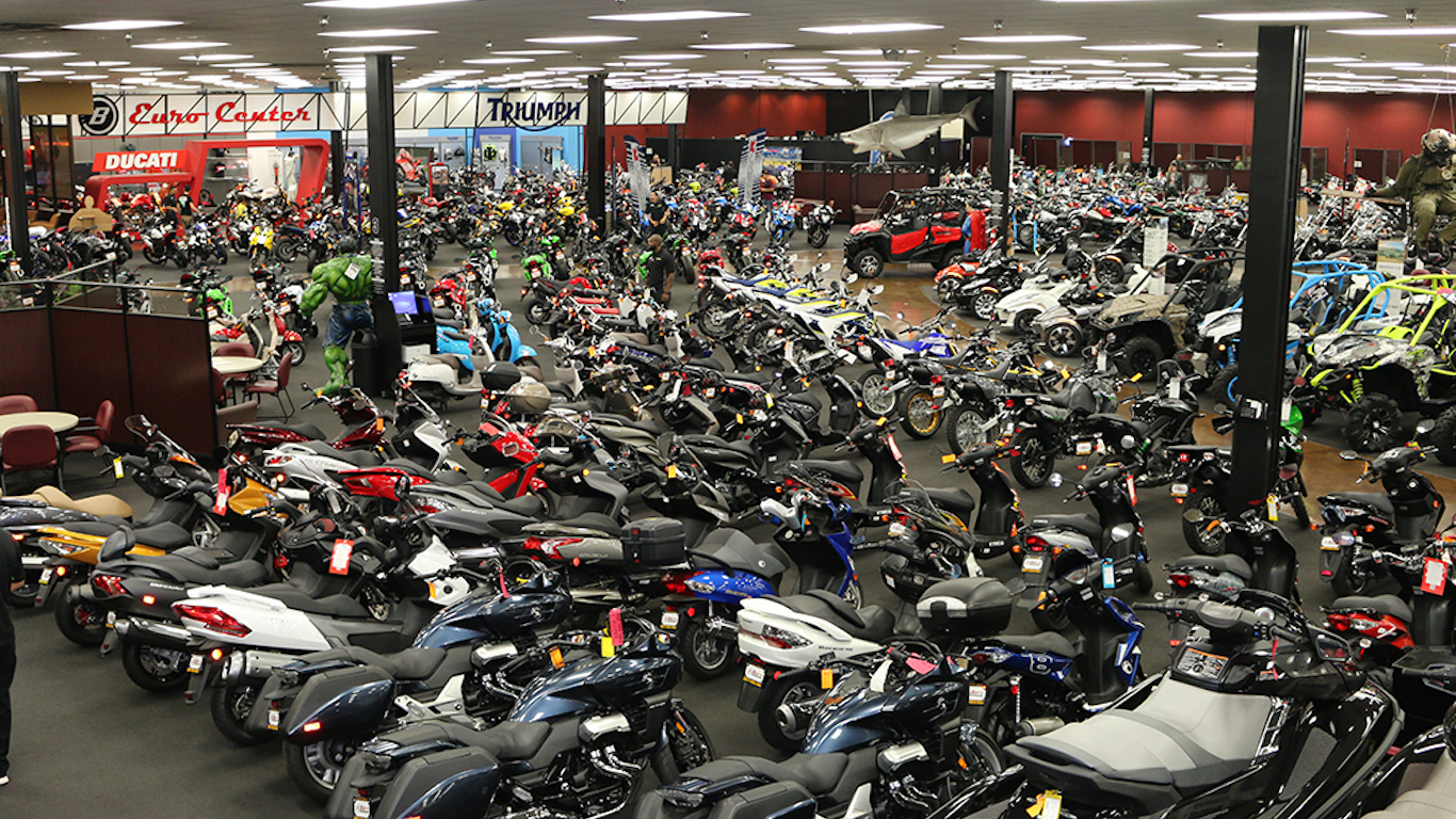 A VIEW OF BERTS MEGA MALL'S SHOWROOM WITH ROWS OF ALL TYPES OF POWERSPORTS VEHICLES