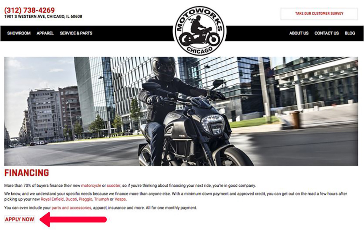 MOTORCYCLE DEALER PAGE WITH AN APPLY NOW BUTTON AT THE BOTTOM, HIGHLIGHTED WITH RED ARROW
