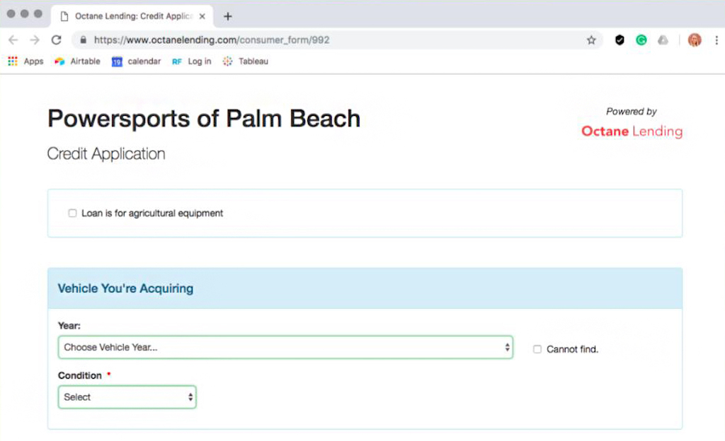 A NEW CREDIT APPLICATION ON OCTANE LENDING FOR A DEALERSHIP CALLED POWERSPORTS OF PALM BEACH